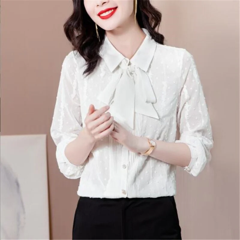 Bow Jacquard Blouse Business Offce Lady Shirt Long Sleeve Open Stitch Lace Chiffon Shirt Button Top Basic Sweet Female Blouses
