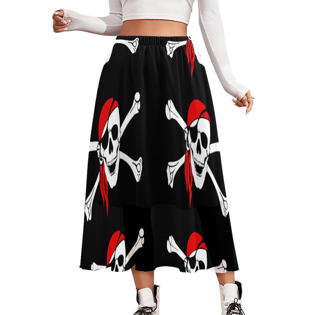 Pirate Skull And Crossbones Women Double-Layered Long Beach Skirt Loose Elastic Waistband Chiffon Maxi Skirts