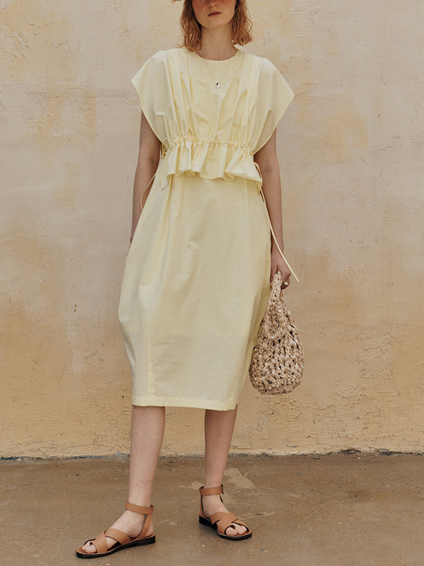 Waist Drawstring Ruched Side Pockets Midi Dress