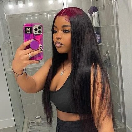 Trendy Burgundy 99J Root Black Straight 13x4 Lace Front Wig