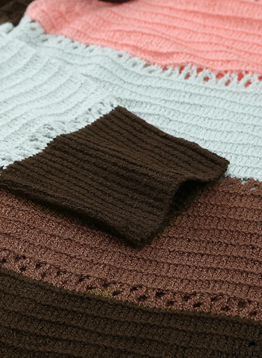 Brown Zipped Front Colorblock Hollow-out Knit Hoodie