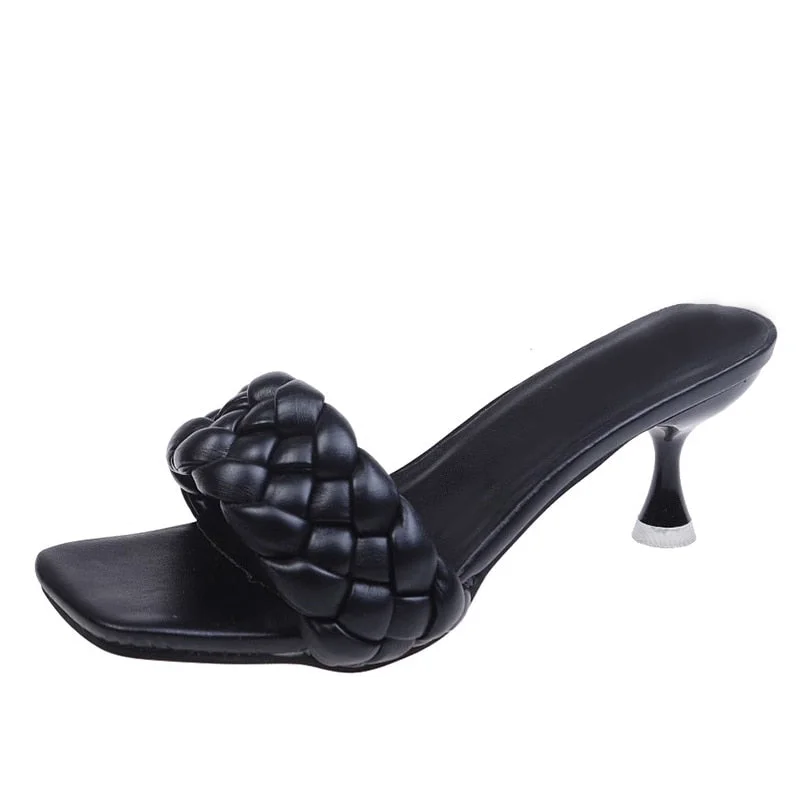 Women Slippers High Heels Chain PU Square Toe Fashion Woman Pumps Summer Sandals Outdoor Comfort Ladies Footwear New 2021