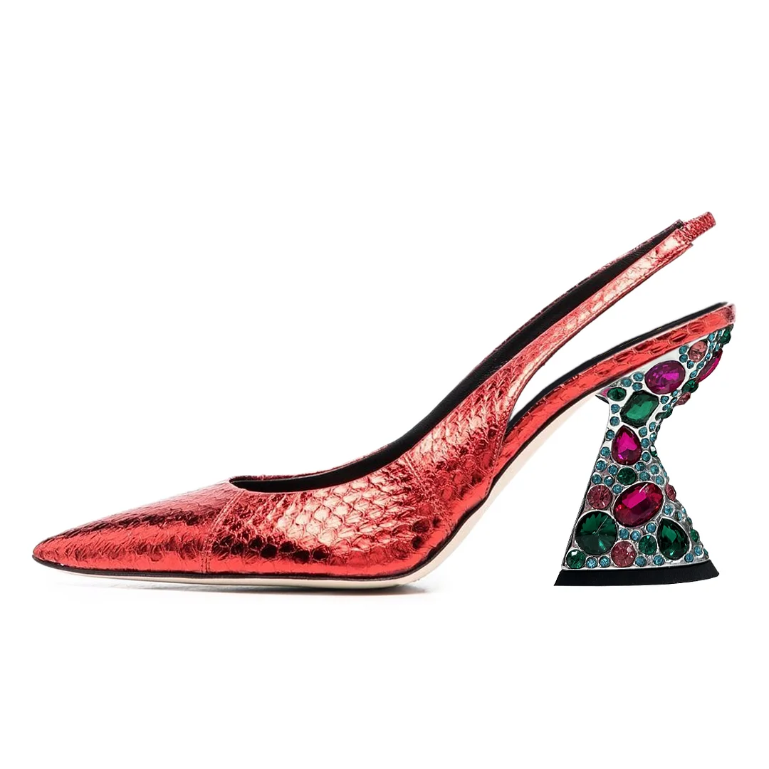 Metallic Finish Croc-Embossed Pointed Slingback Party Pumps in Red