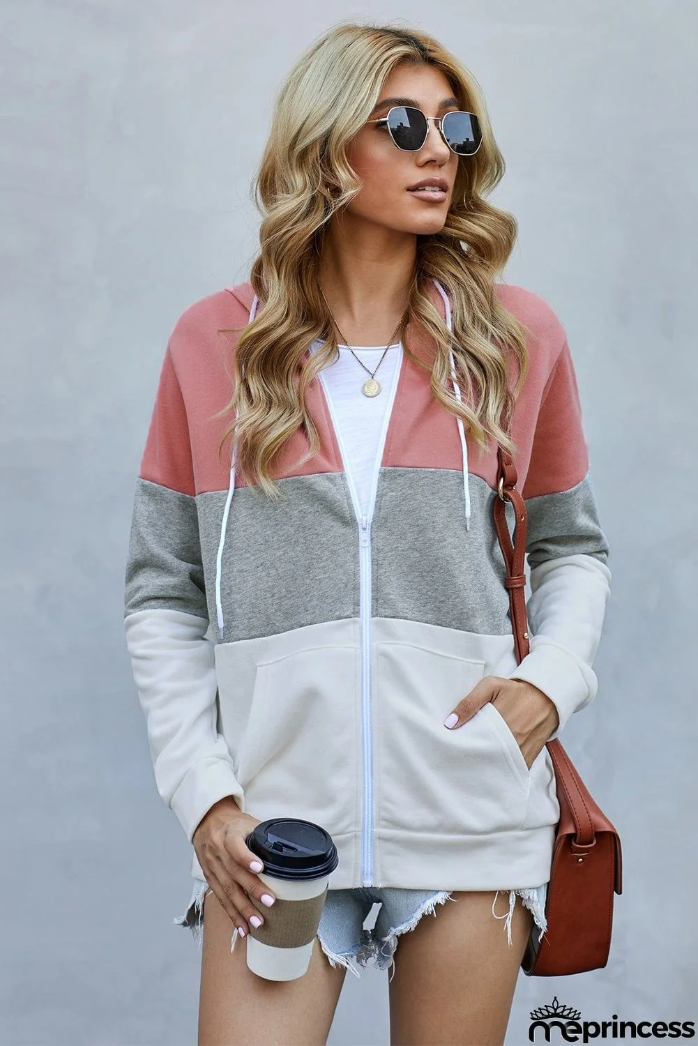 Zip Front Color Block Splicing Drawstring Hoodie