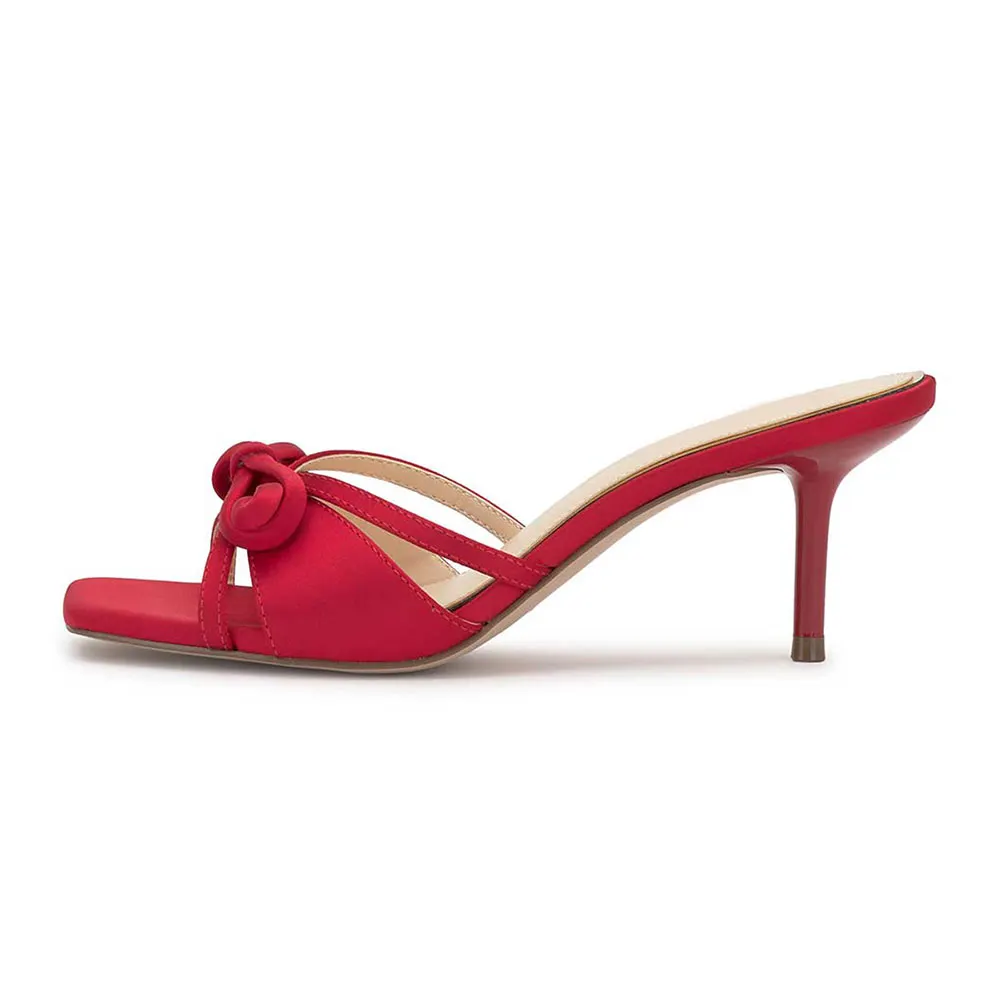 Red Satin Open Square Toe Bow Knot Stiletto Heel Mules Sandals