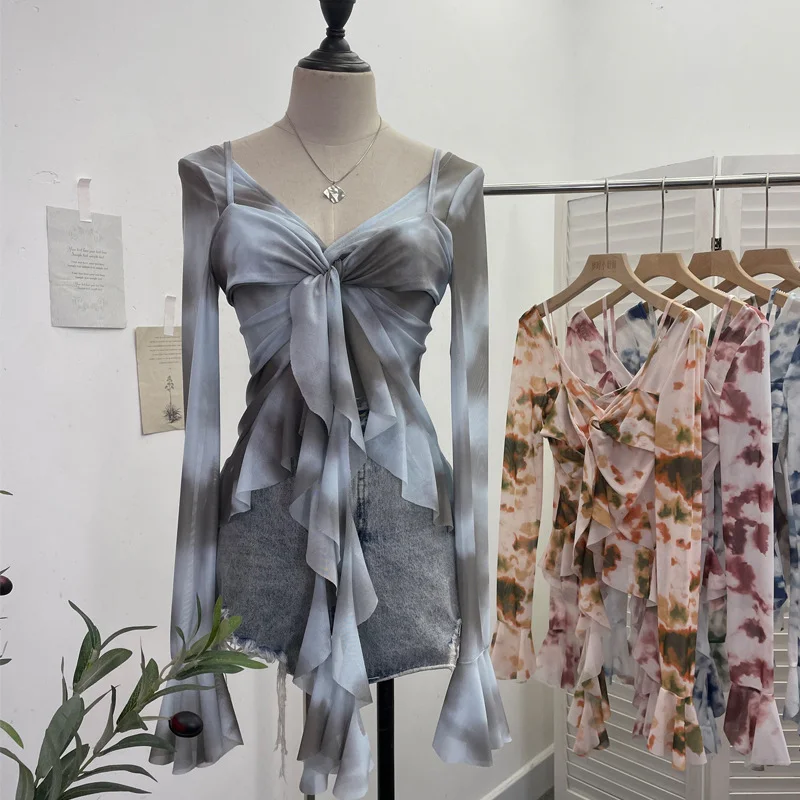 Uveng Irregular Kinking Of The Net Yarn Irregularly Kinked Lotus Lobe Slings Shoulder Horn Sleeve T-Shirt Short Top 2618