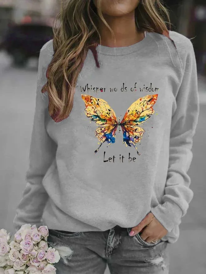 Women plus size clothing Butterfly Long sleeve Loose Casual T-Shirt-Nordswear