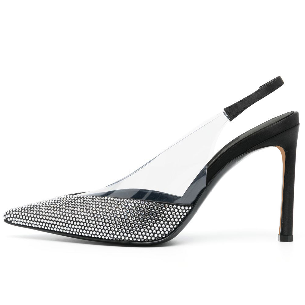 Black Pointed Toe PVC Splicing Slingback Pumps Heels with Rhinestone Nicepairs