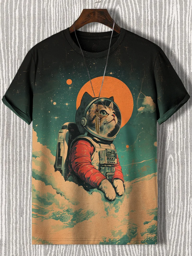 Men's Cat Astronaut Travels In Outer Space Art Print Casual T-Shirt