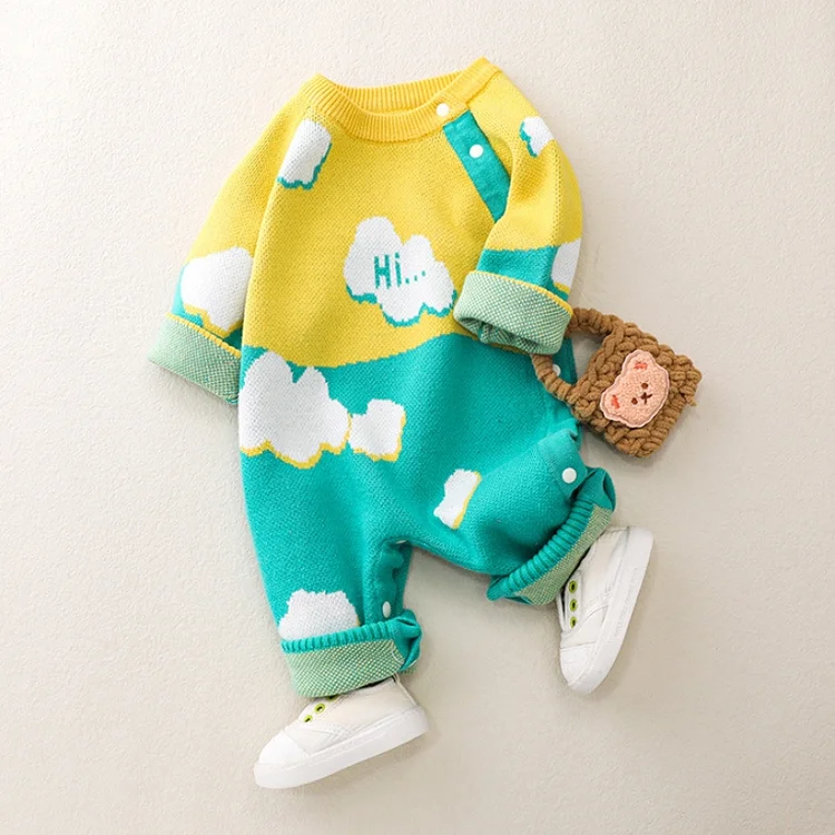 Baby Boy/Girl Letter and Cloud Print Block Color Long Sleeve Knitted Romper