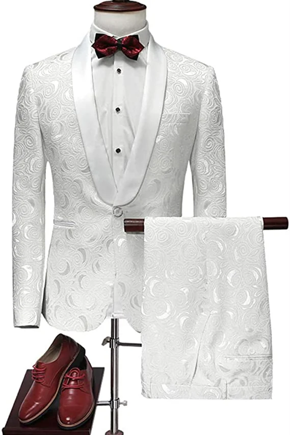 Daisda White Jacquard Shawl Lapel Blazers Wedding Tuxedos For Men 3 Pieces