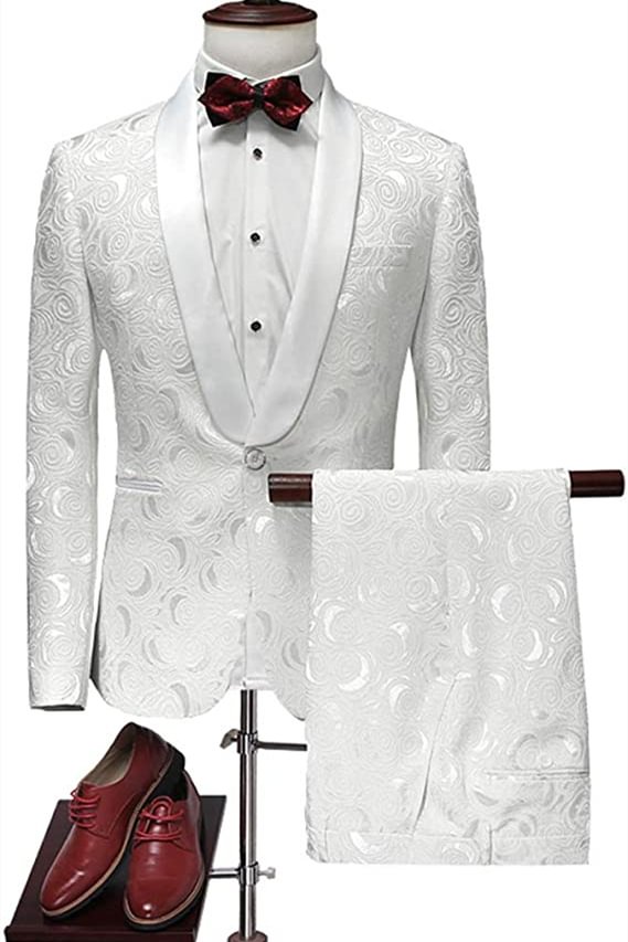 3 Pieces White Jacquard Shawl Lapel Wedding Tuxedos For Men With Blazers | Ballbellas Ballbellas