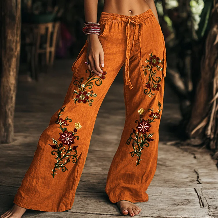 Vintage Floral Art Printed Cotton Linen Wide Leg Pants