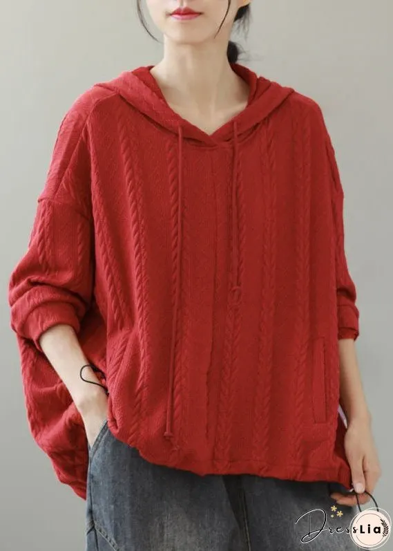 Women Orange Hooded Drawstring Knit Hooded Tops Winter