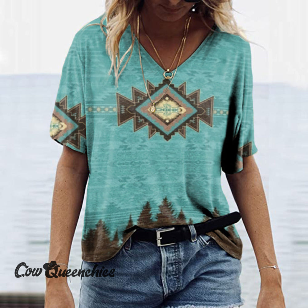 Western Print V-Neck Casual T-Shirt Green / 2XL