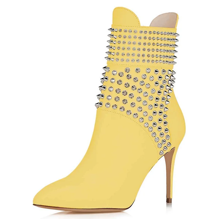 Yellow Studded Almond Toe Stiletto Heel Ankle Boots |FSJ Shoes