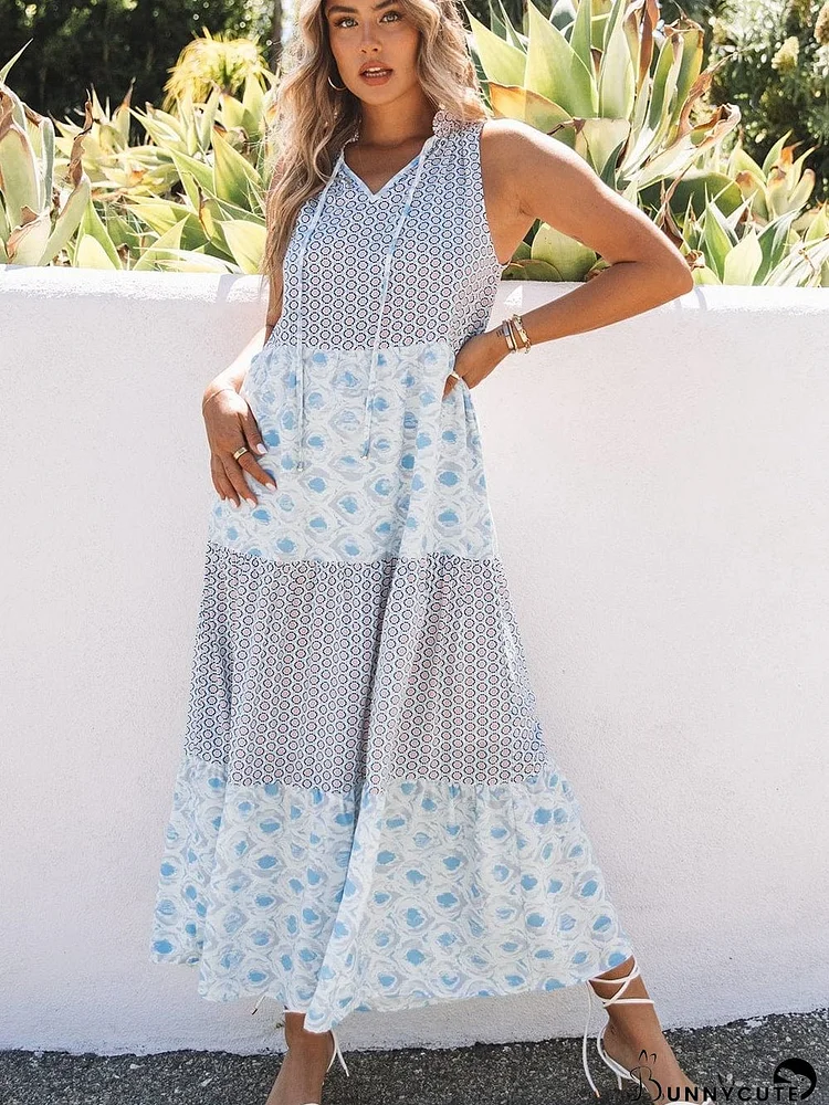 Diamond Blue Abstract Print V-Neck Sleeveless Maxi Dress
