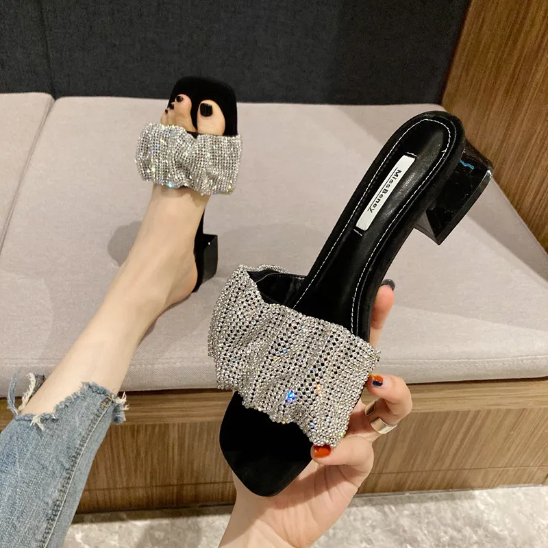 Breakj Breakj Temperament Famous Woman Summer Slippers French Small Heel Low Heel 3 Cm Black Water Drill Fashion Wearing Sandals