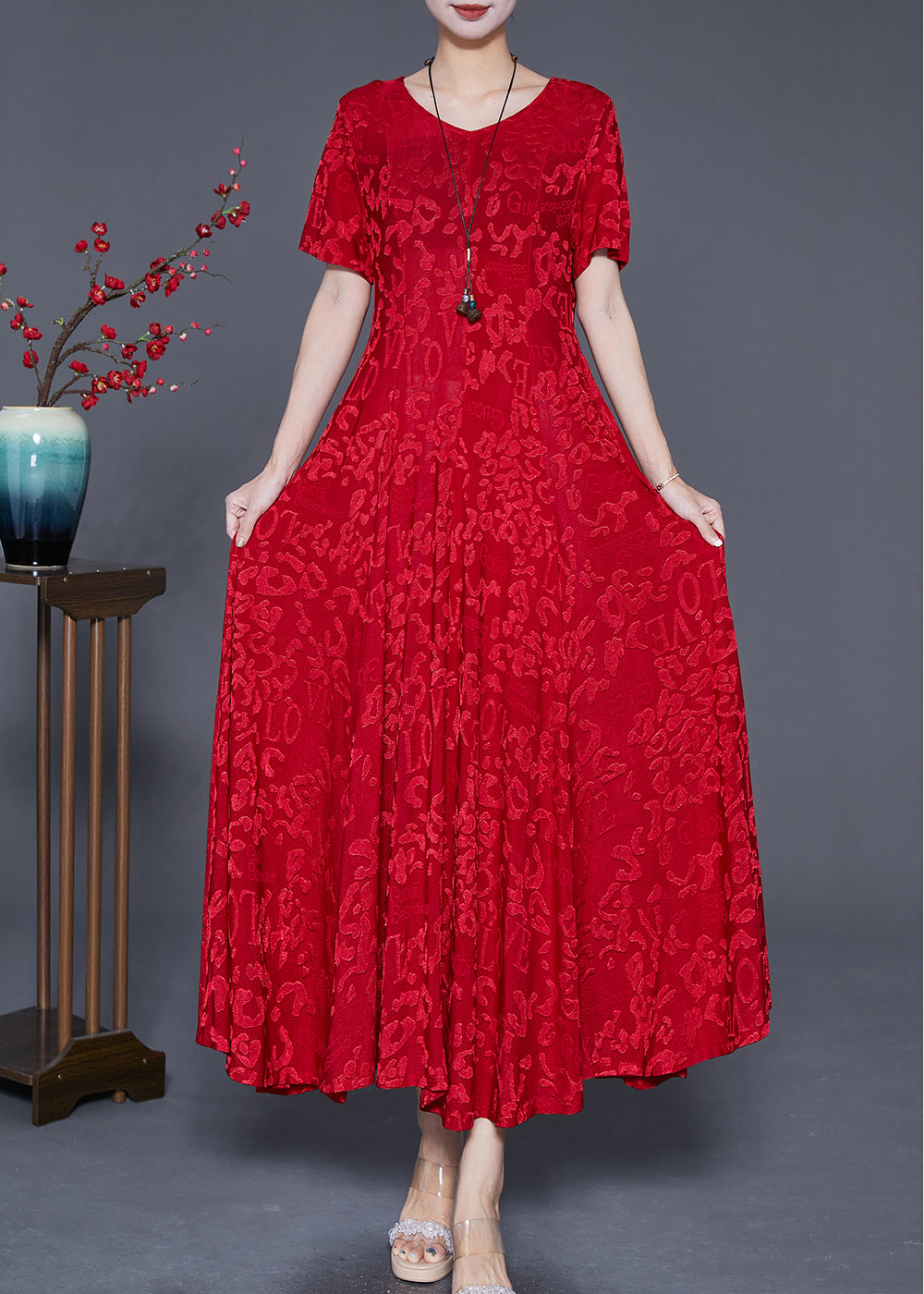 VCSHOES Red Jacquard Exra Large Hem Silk Maxi Dresses Summer