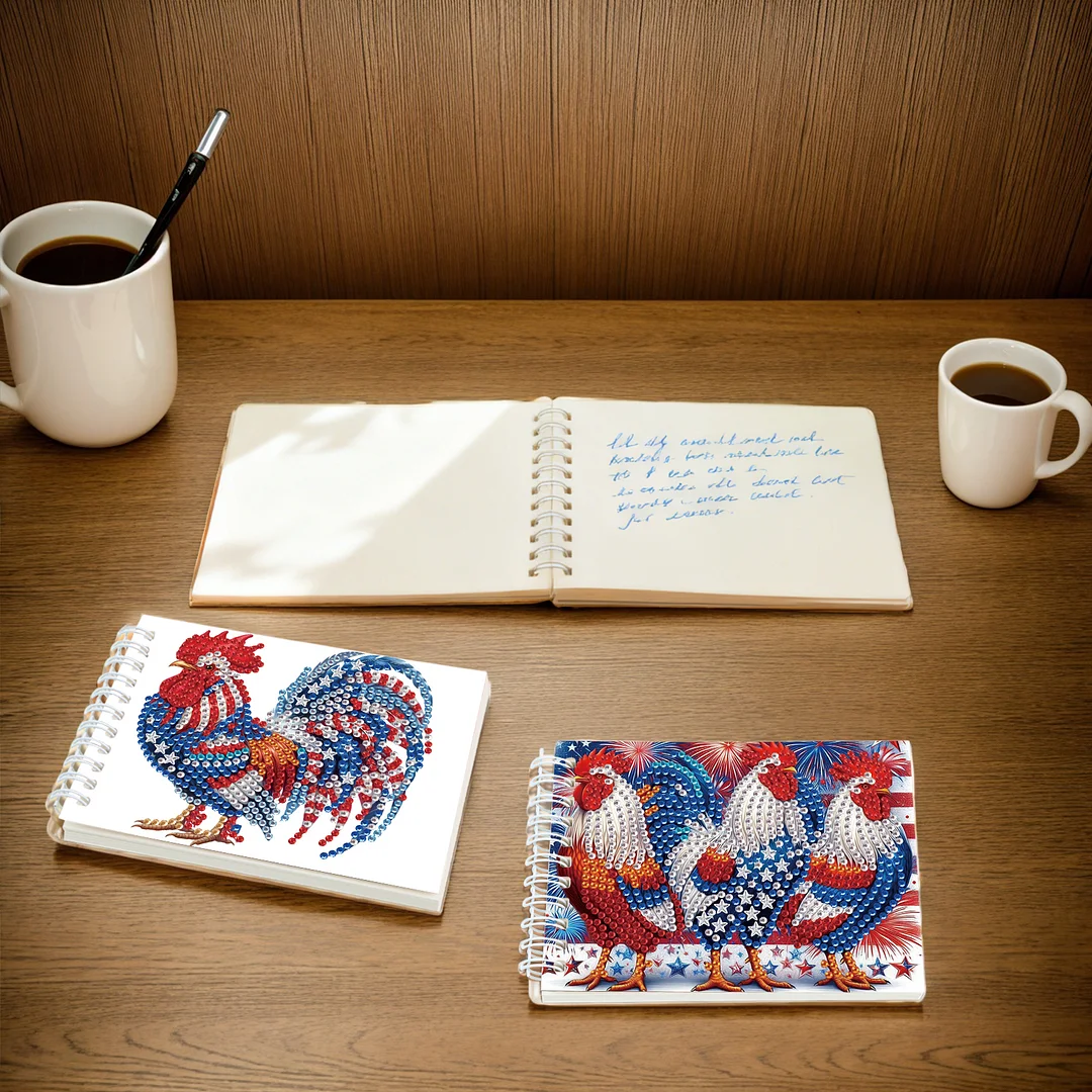 2 Pack USA Flag Rooster DIY Diamond Art Spiral Notebook Kit 80Pages No Lines