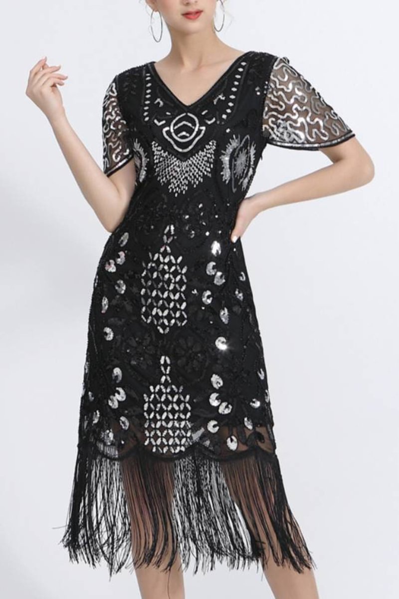 1920s Black Party V Neck Double Layer Sequin Lace Fringe Midi Dress [Pre-Order]