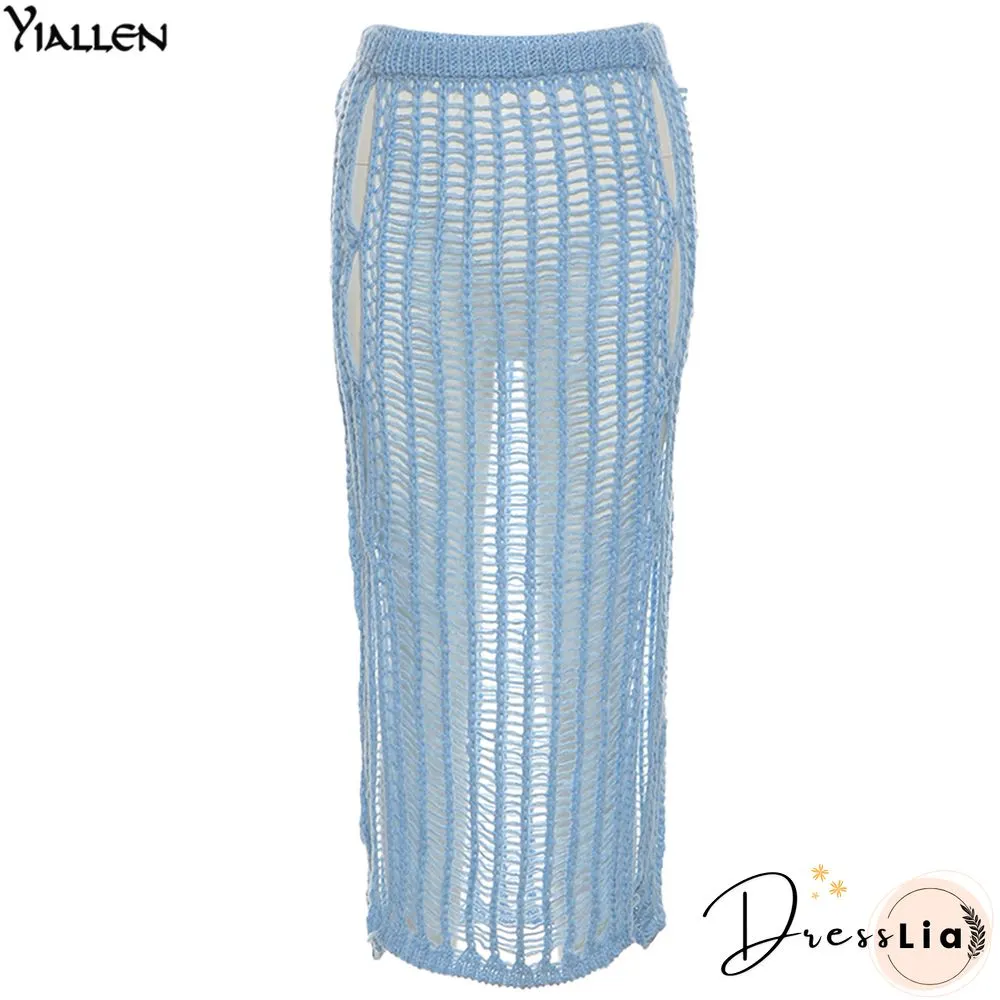 Summer Yellow Openwork Weaving Long Skirt
