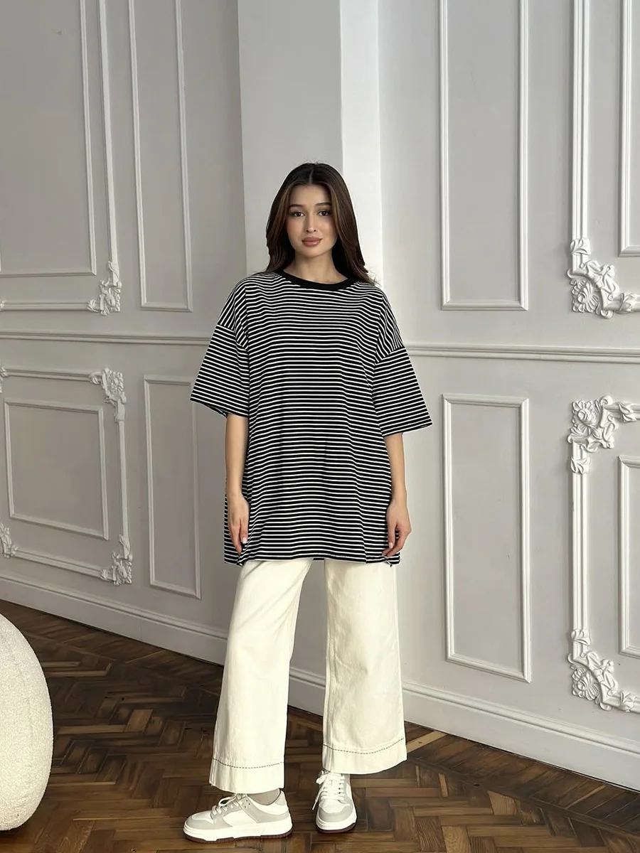 Athvotar Athvotar And White Striped Short-Sleeved T-Shirt Women 2025 Spring And Summer New Crash-Colored Loose Collar Casual Shirt