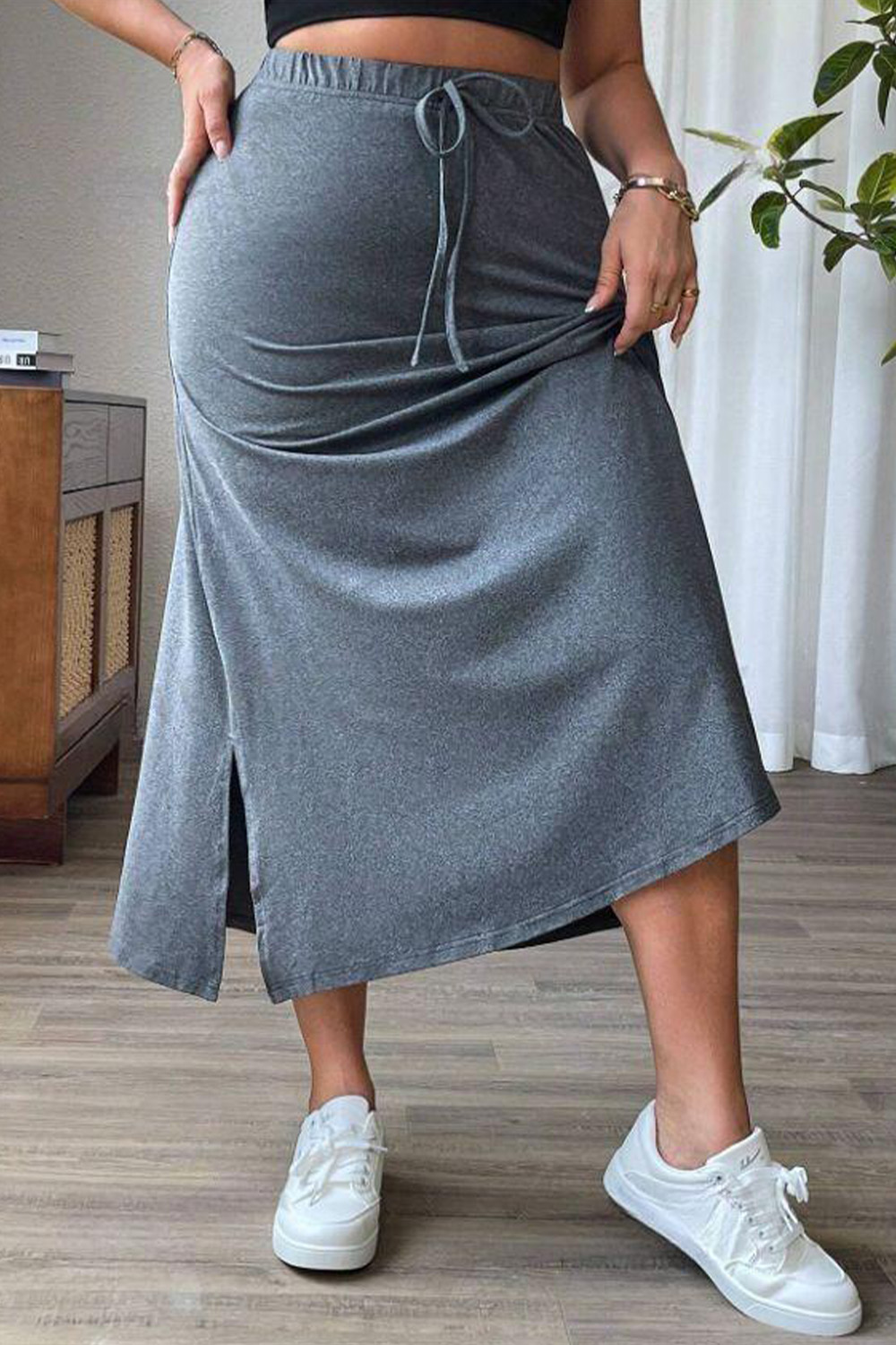Plus Size Casual Dark Gray Lace Up Side Slit Midi Skirt 2024 - Flycurvy 