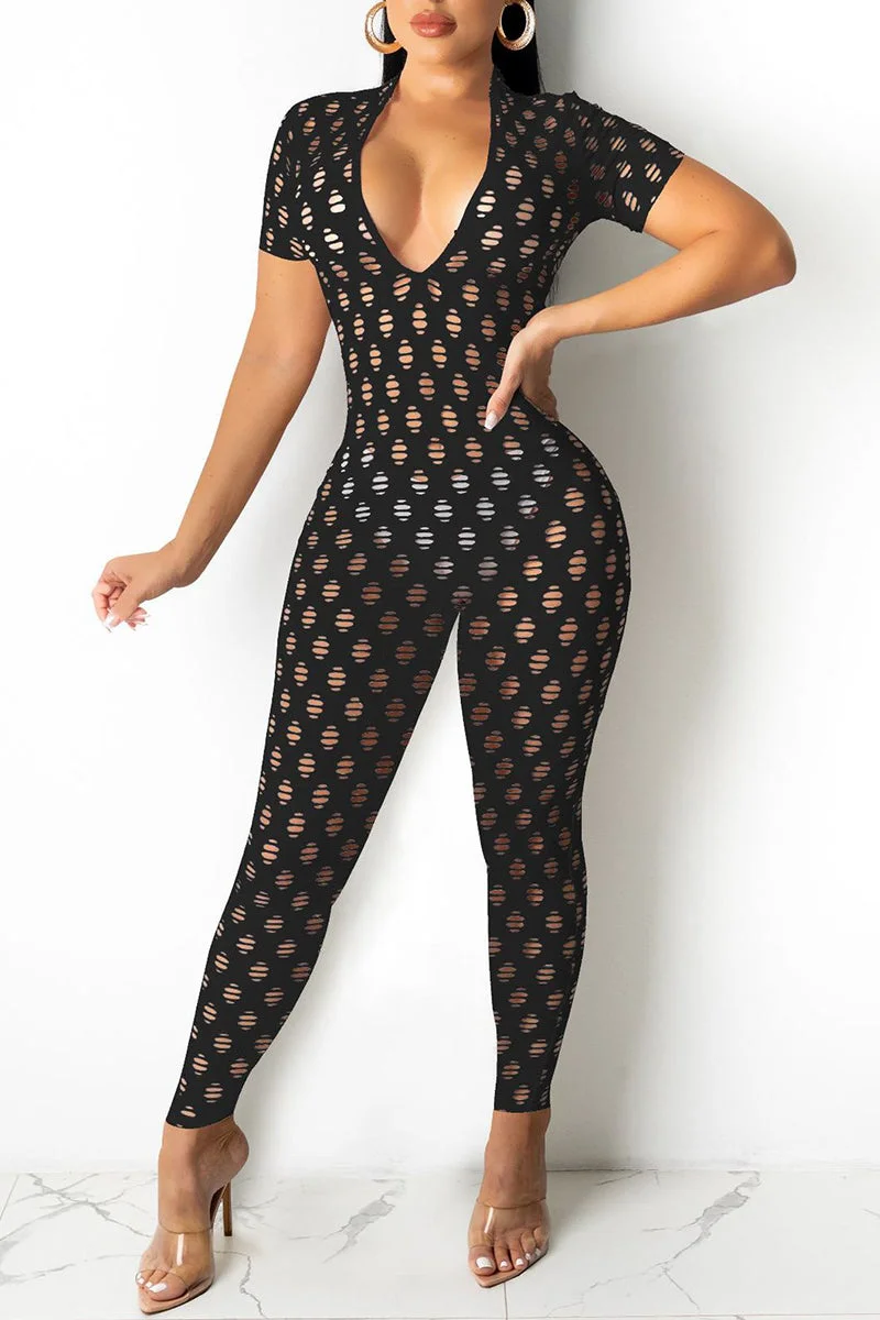 Fashion Sexy Solid Ripped Hollowed Out V Neck Skinny Jumpsuits