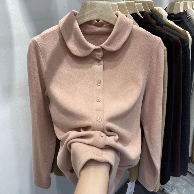 Athvotar Athvotar De-Velvet Shirt Bottomed Women 2025 Autumn And Winter Exquisite Collared Temperament Fashion Warm Inside The Shirt