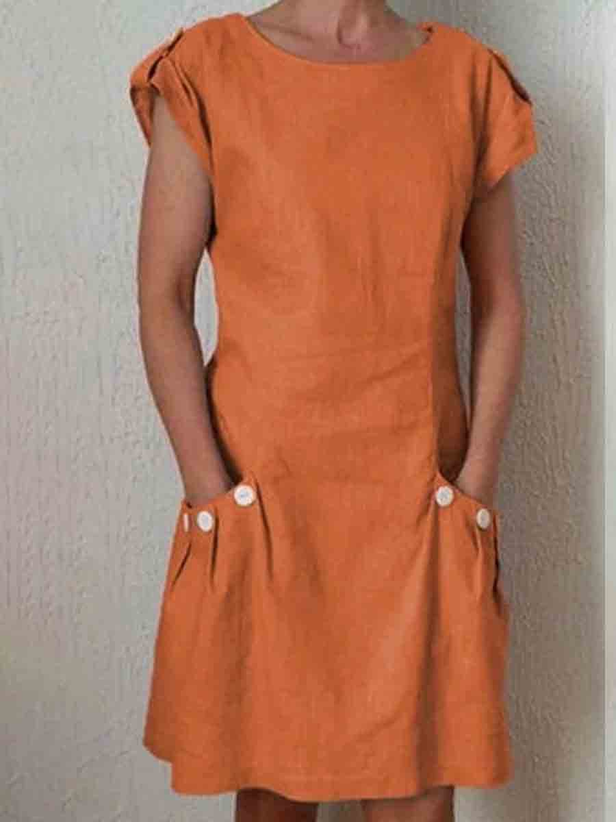 Summer Pockets Buttoned-Decor Shift Linen Casual Dresses