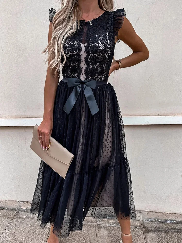 Women Elegant Turtleneck Lace Patchwork Party Dress Sexy Sleeveless Ladies Summer Mesh Ruffle Dress Cute Princess Lace-Up Dress