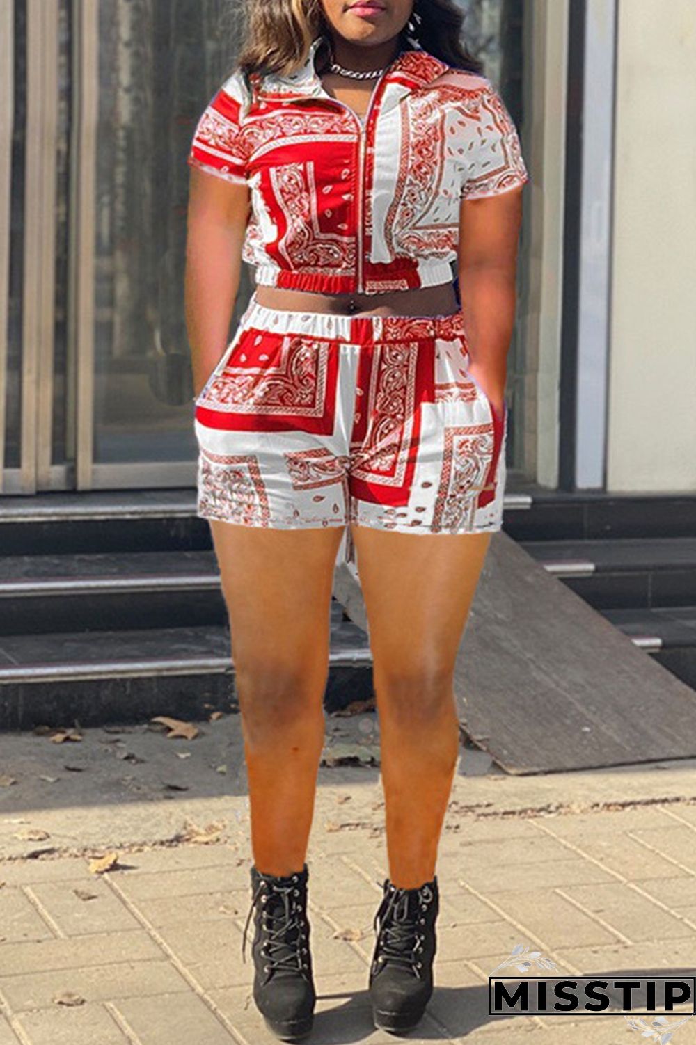 Blue Fashion Casual Print Basic Turndown Collar Short Sleeve Two Pieces