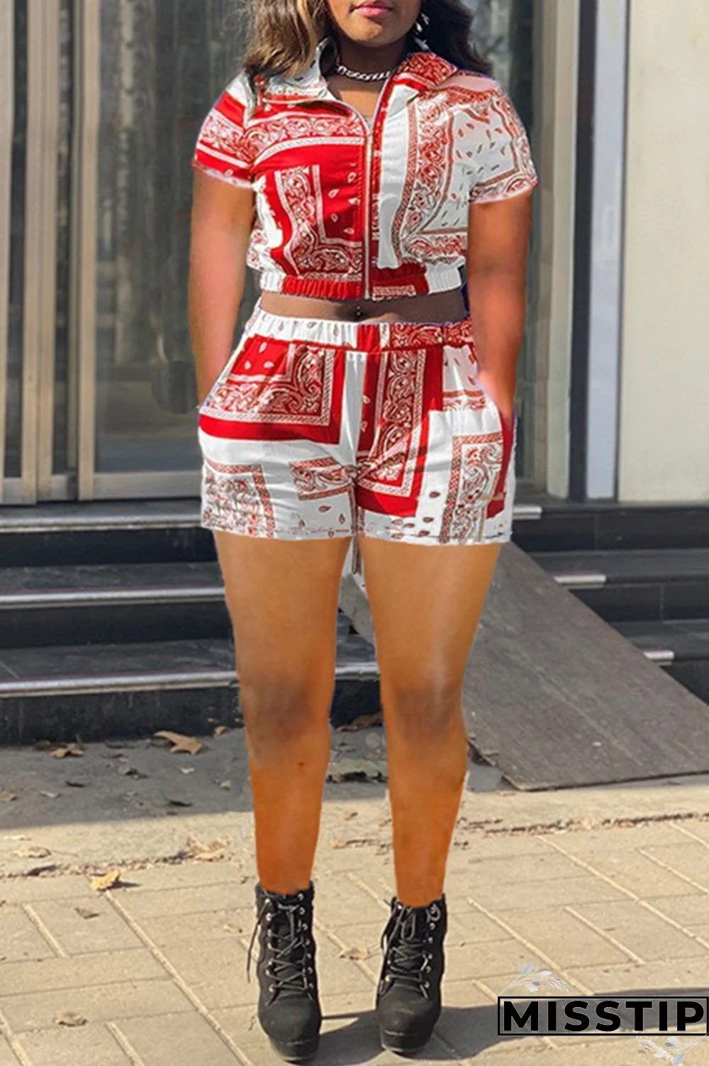 Blue Fashion Casual Print Basic Turndown Collar Short Sleeve Two Pieces