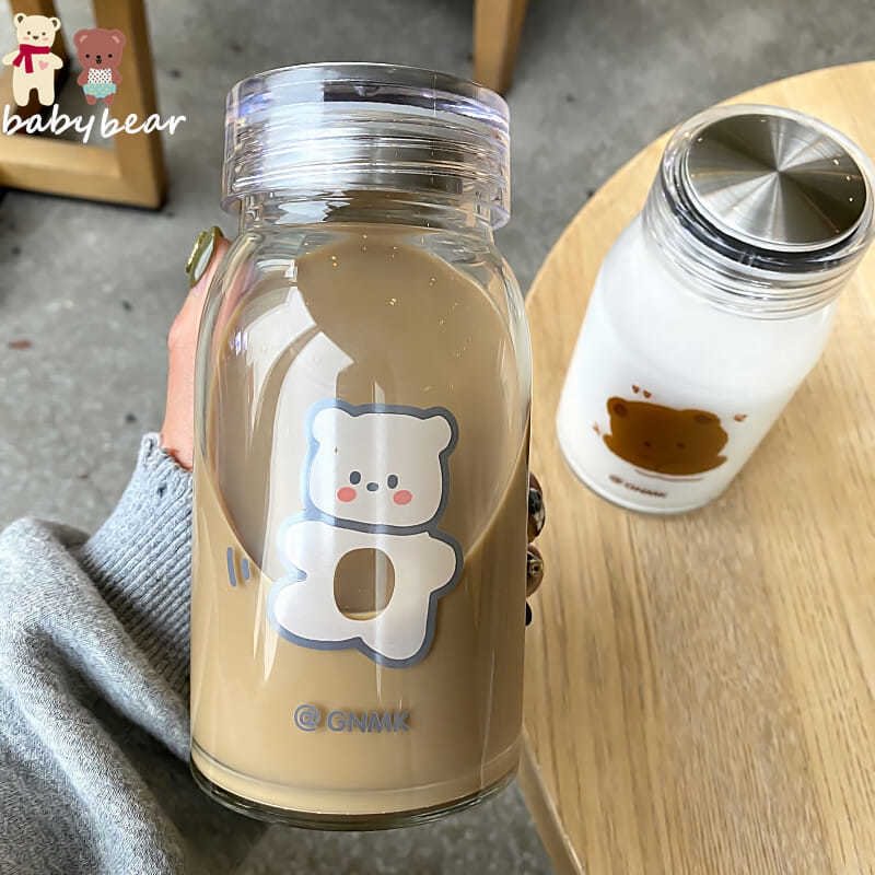 450ml Cartoon Bear Glass Water Bottle Thick Heat Resistance Drinking Bottles Cute Milk Coffee Tumblers for Student Girl Gift|Water Bottles|