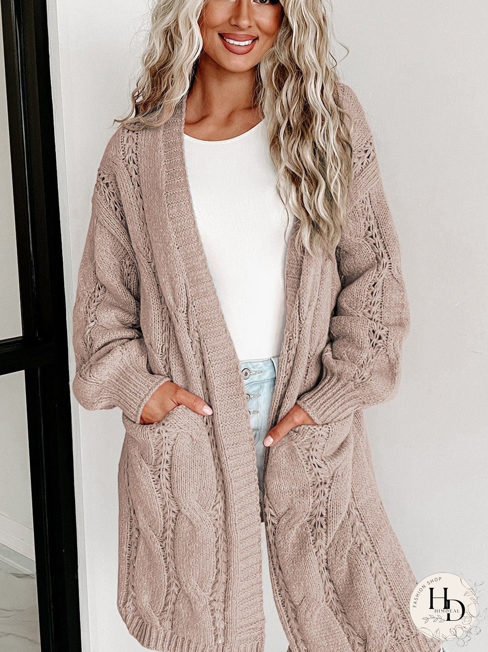 Apricot Eyelet Cable Knit Cardigan with Ribbed Trim