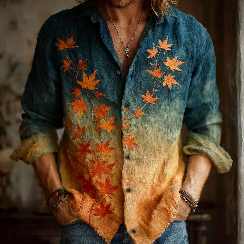 Japanese Maple Leaf Gradient Pattern Men's Linen Long Sleeve Shirt  artssus