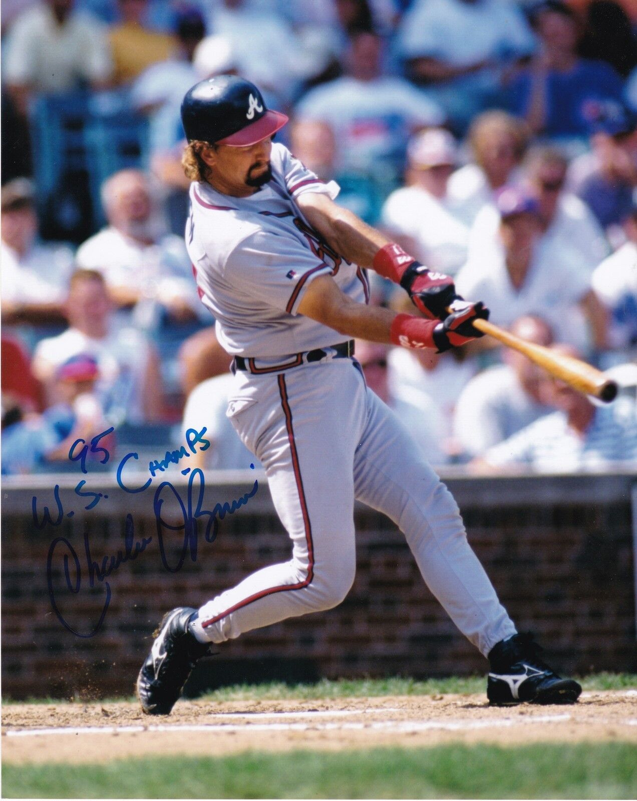 CHARLIE O'BRIEN ATLANTA BRAVES 1995 WS CHAMPS ACTION SIGNED 8x10