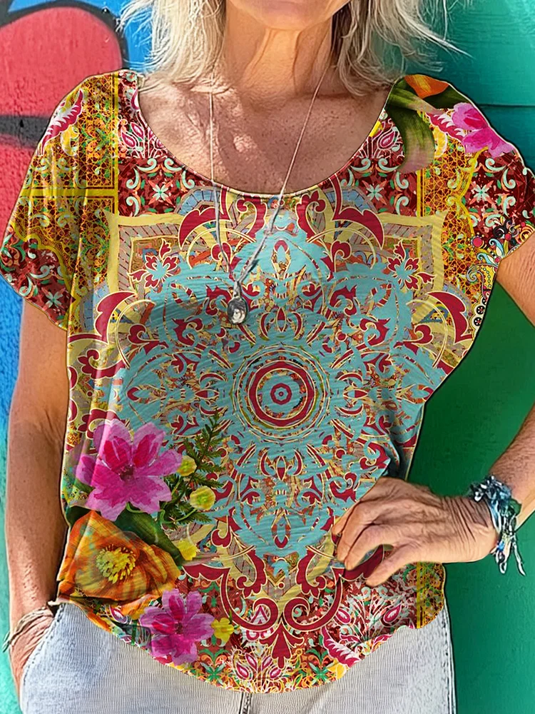 Vintage Ethnic Floral Art Print 100%Cotton Crew Tee T-Shirt