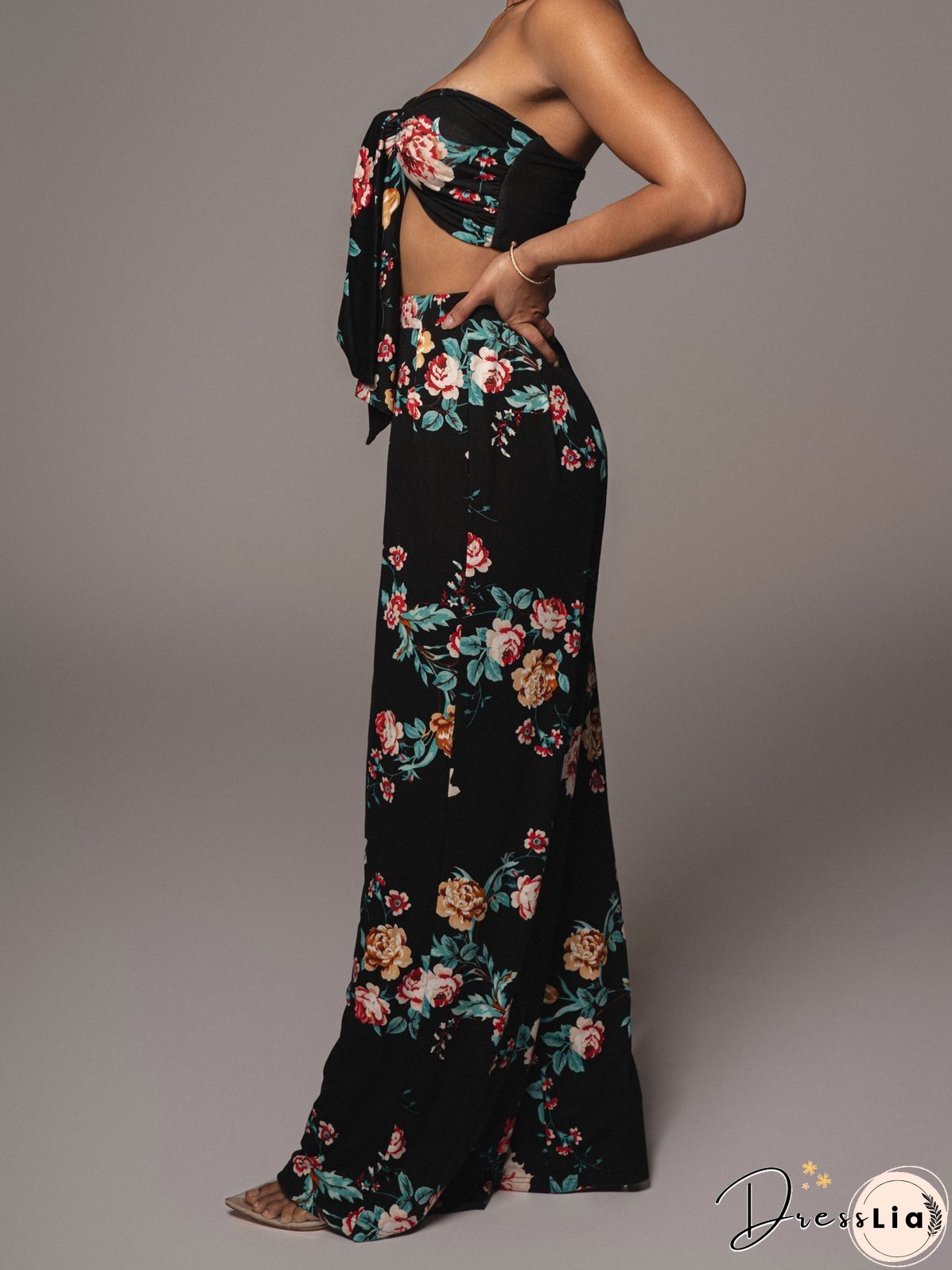 Printed Lace-Up Tube Top & Trousers Two-Piece Suit for Women