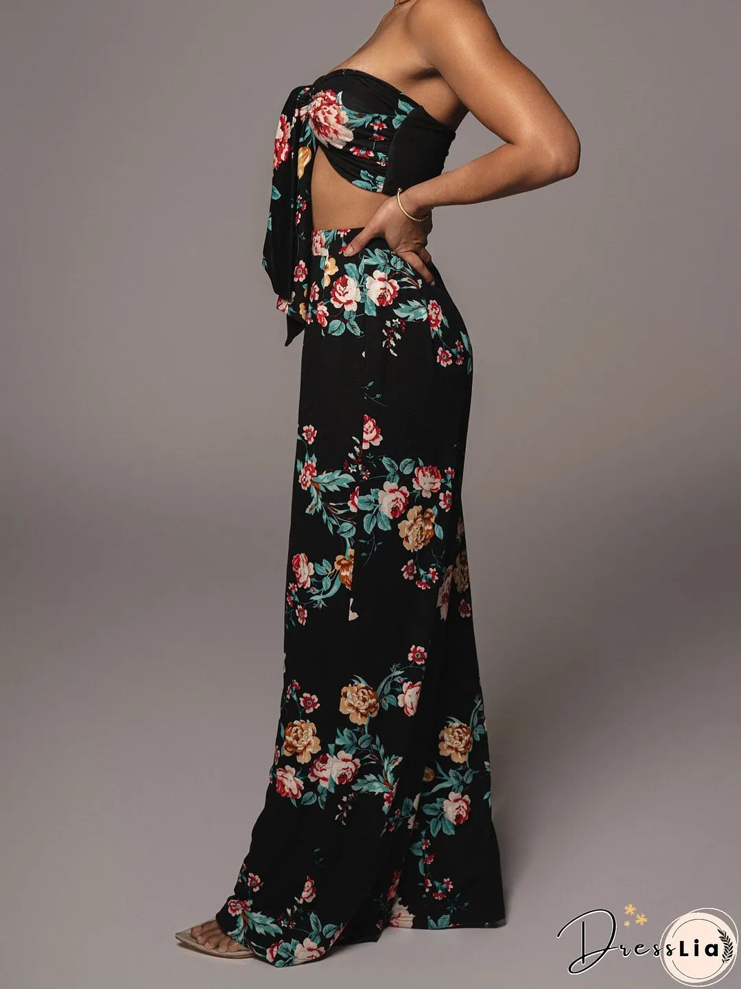 Printed Lace-Up Tube Top & Trousers Two-Piece Suit for Women