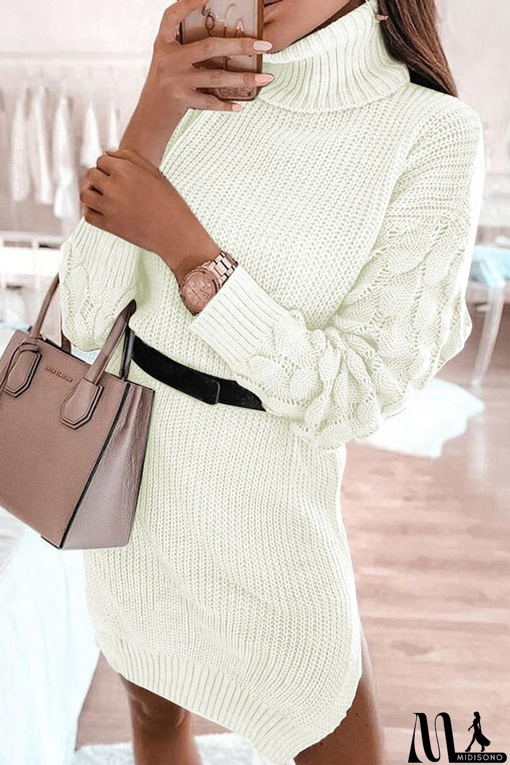 MidiSono - Plain Turtleneck Sweater Dress with Slits