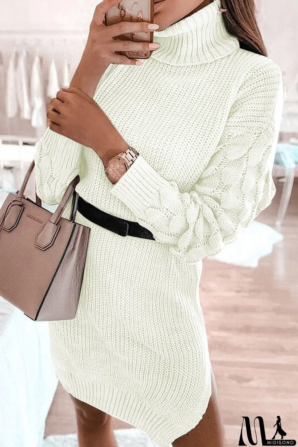 MidiSono - Plain Turtleneck Sweater Dress with Slits