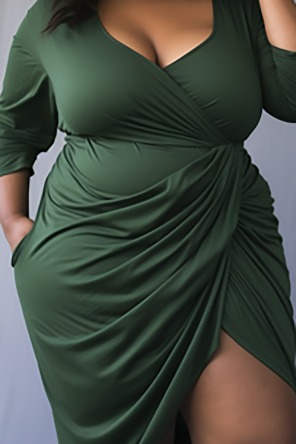 Design Plus Size Daily Green Wrap Neck 3/4 Sleeve Fold Split Pocket Knitted Midi Dresses [Pre-Order]