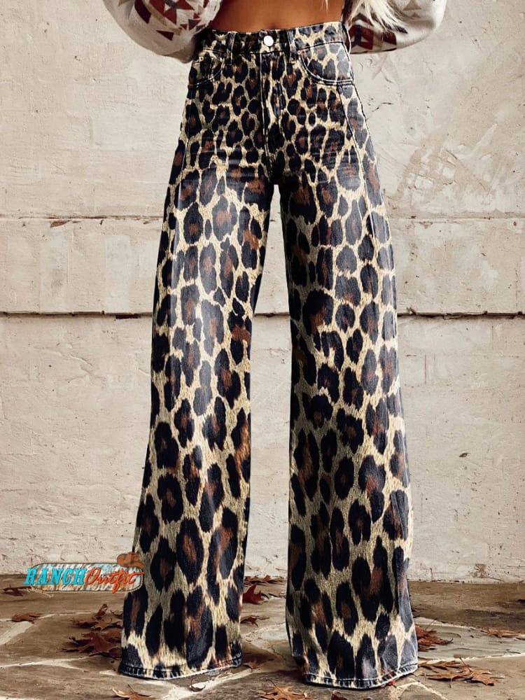 Women’s Vintage Western Cowboy Wild Print Casual Wide Leg Pants Multicolor / S
