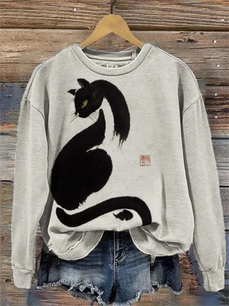 Black Cat Asian Brush Art Comfy Sweatshirt