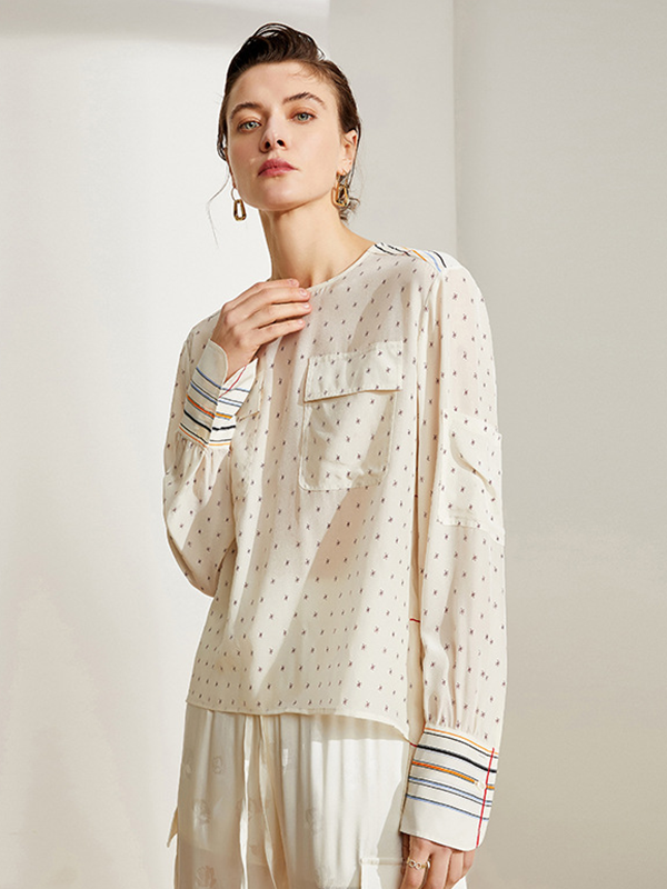 Contrast Design Beige Silk Blouse