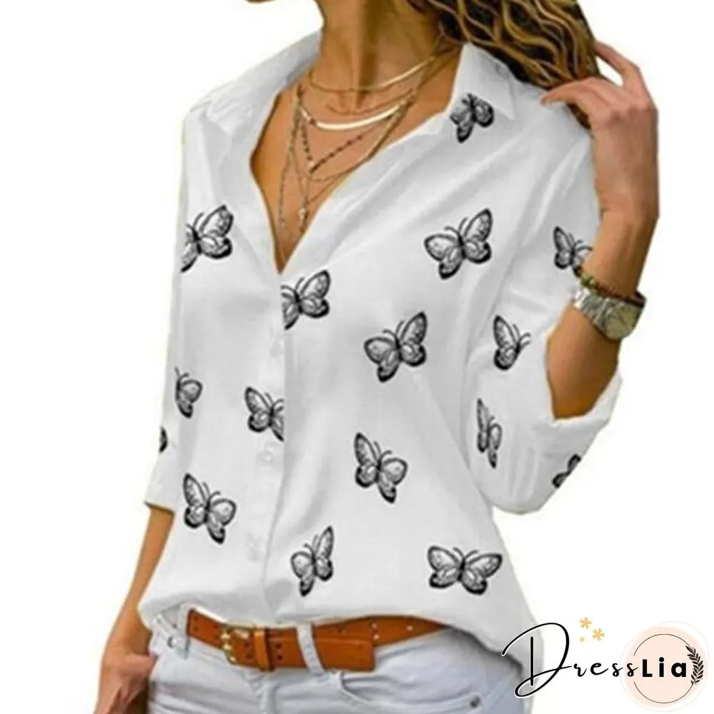 Flutter Print Womens Blouses Long-Sleeve Turn-Down Collar Blouse Shirt Casual Tops Elegant