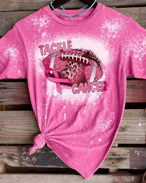 Breast Cancer Awareness Tackle Cancer Football Leopard Print T-Shirt