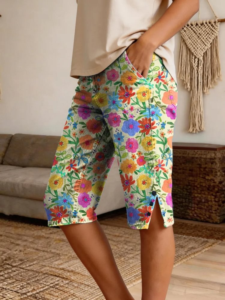 Women's Colorful Floral Petal Art Print Casual Denim Shorts